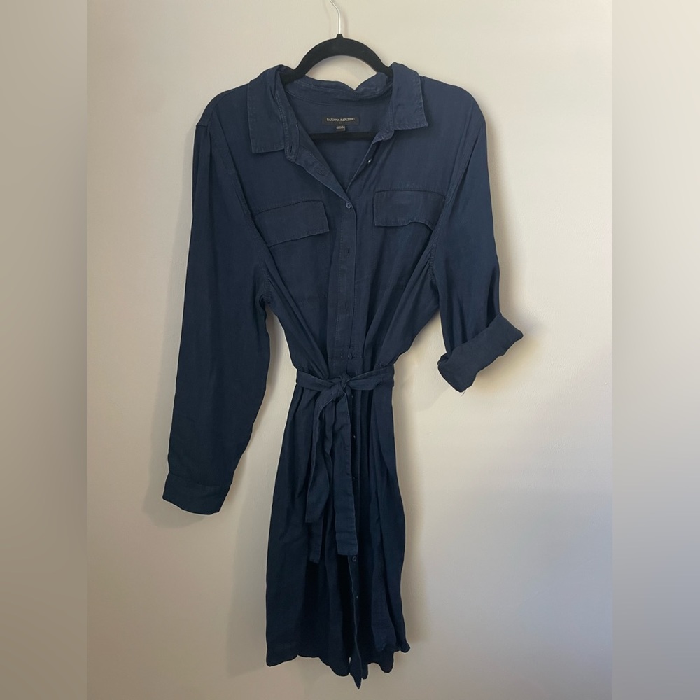 Banana Republic Dark Denim Button-Front Long Sleeve Dress with Tie-Waist Size 18